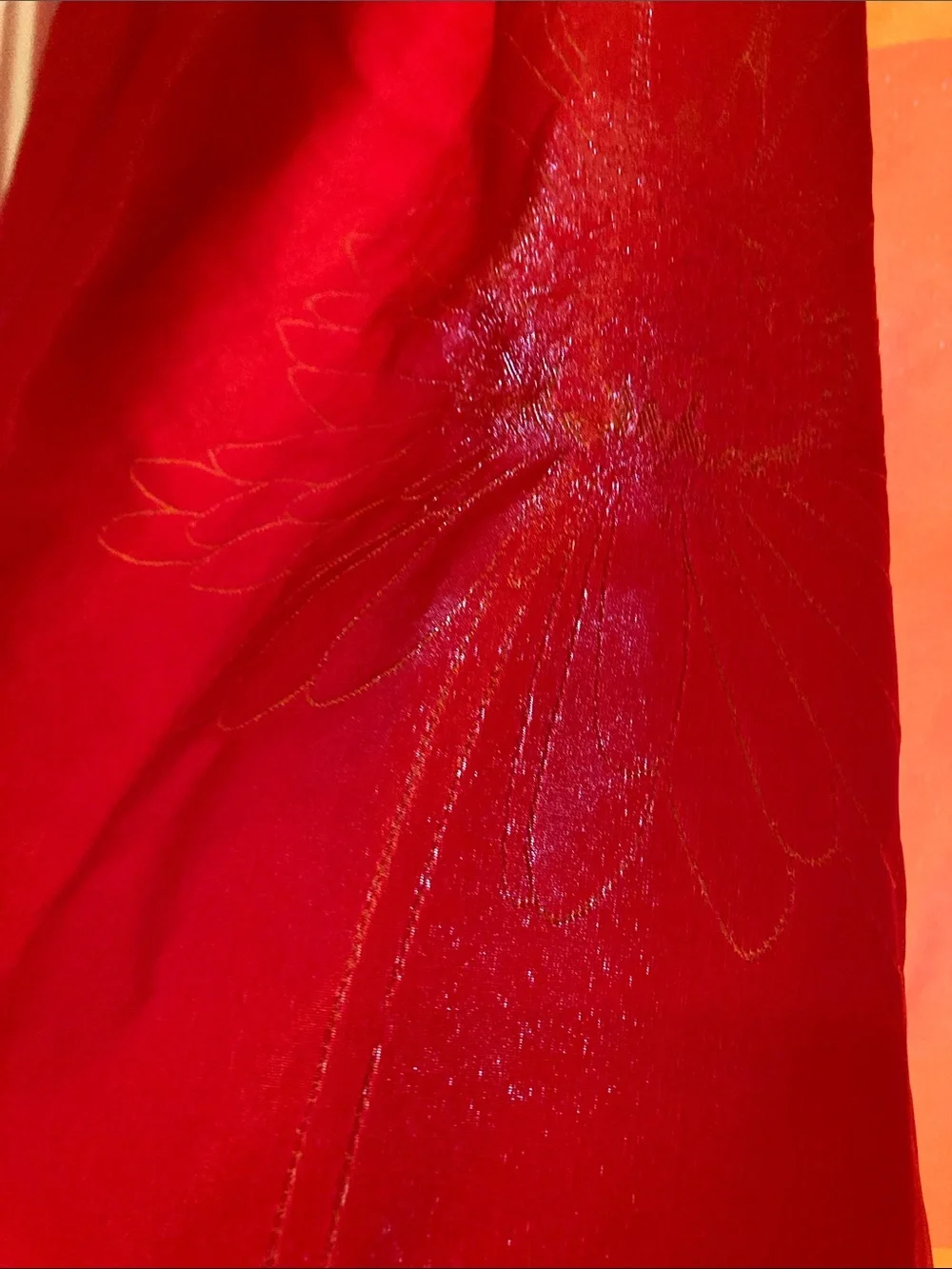 Spectacular MADURA two panel raspberry orange/ yellow daisy embroidered curtain